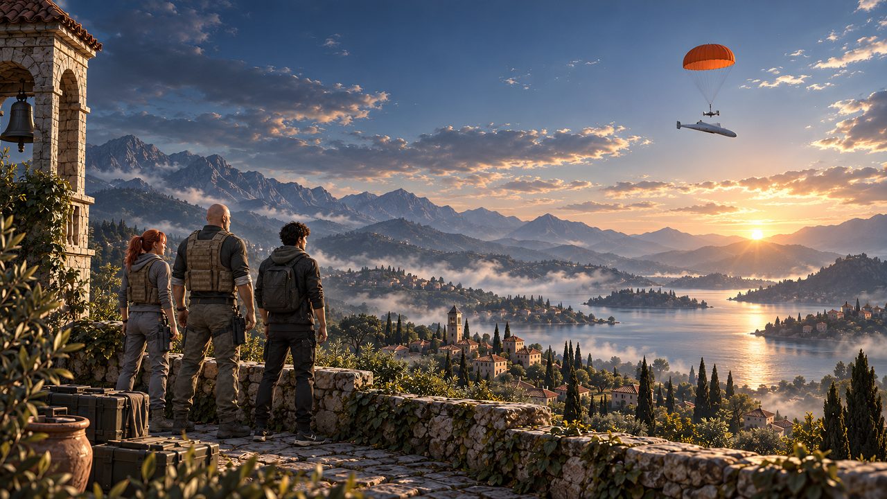Key art: the sky held at dawn, an orange recovery parachute drifting down