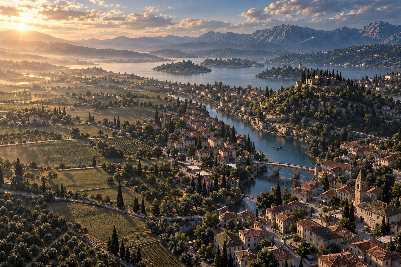 Key art: a high view over an ordinary town with small drones crossing it