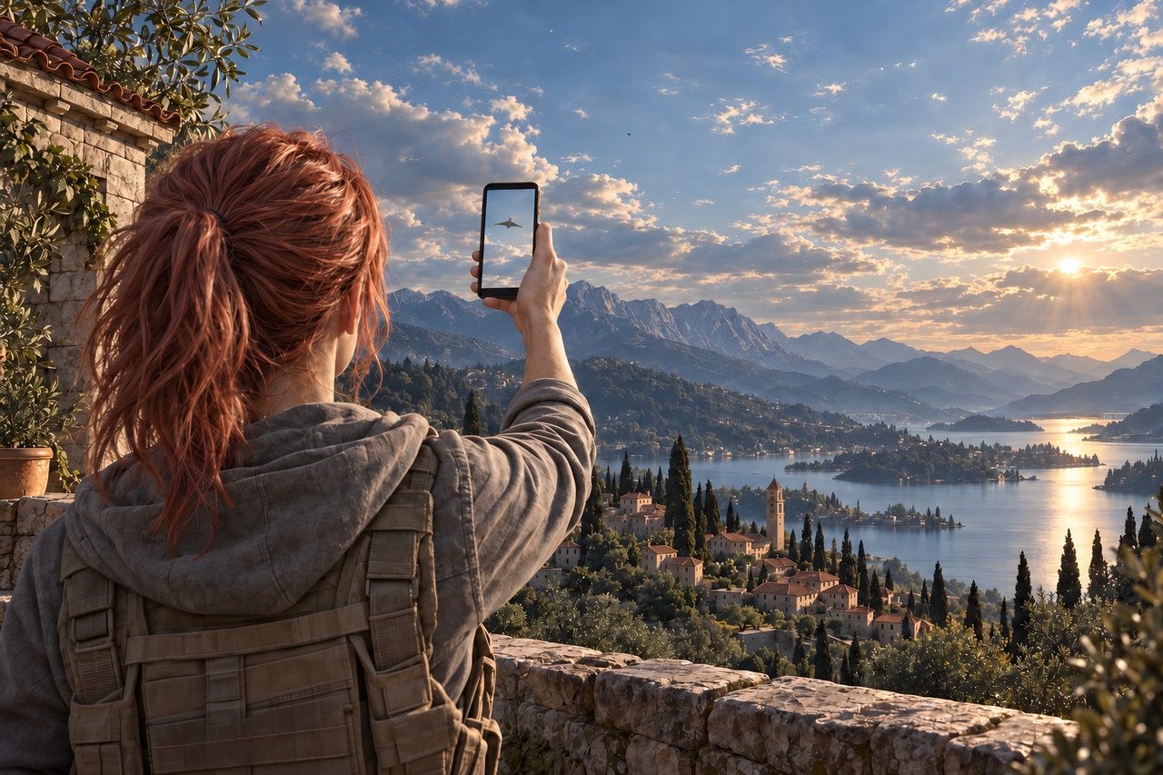Key art: Veronica raises her phone at the real sky to find a drone